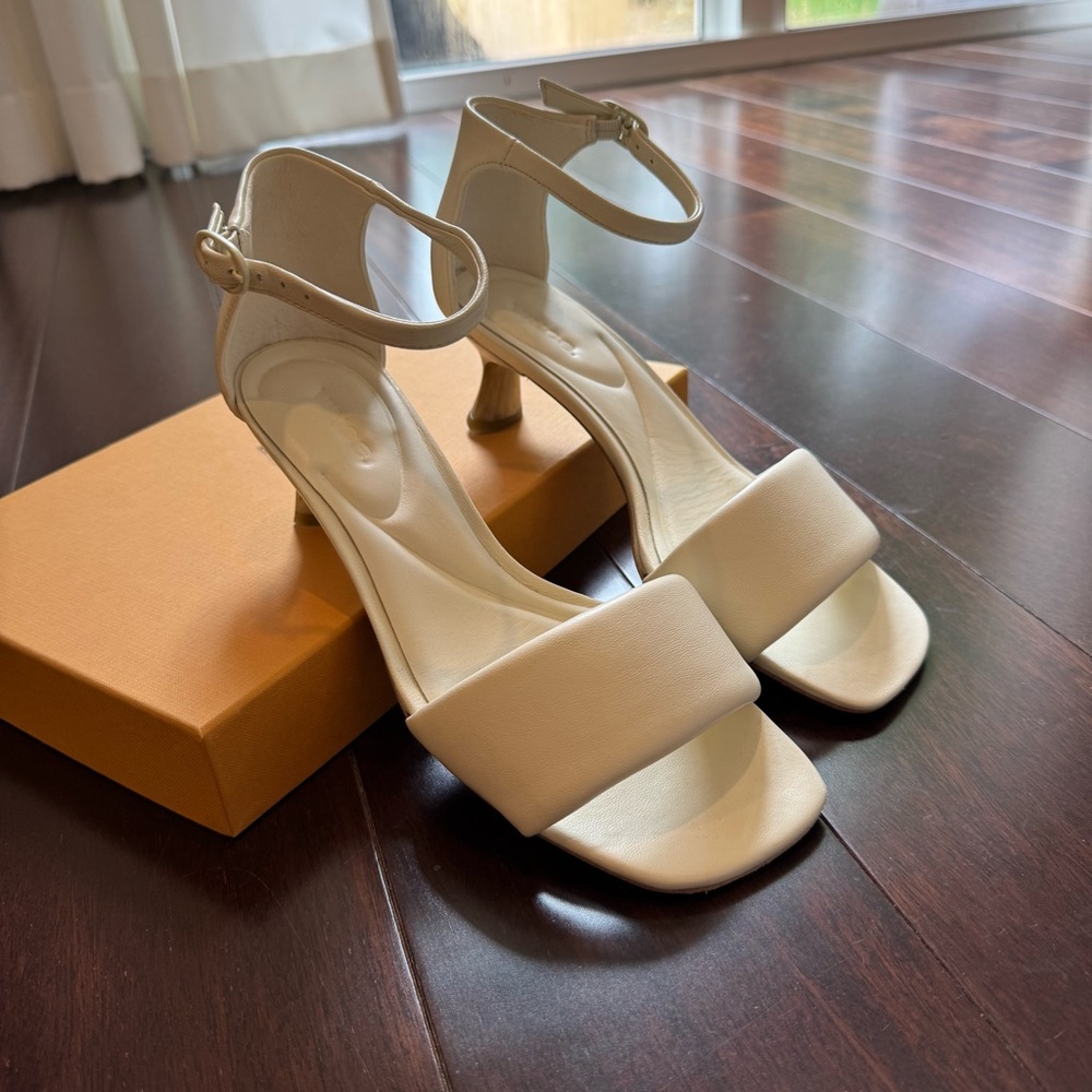 Vince Cream Ankle Strap kitten heel sandals.
